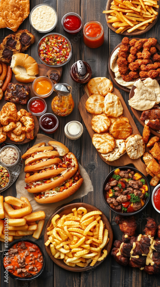 A delightful array of comfort foods spreads across a rustic table, showcasing everything from crispy fries to savory meats, perfect for sharing with friends and family at a festive occasion
