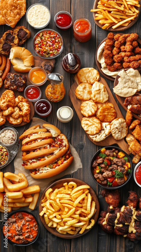 A delightful array of comfort foods spreads across a rustic table, showcasing everything from crispy fries to savory meats, perfect for sharing with friends and family at a festive occasion