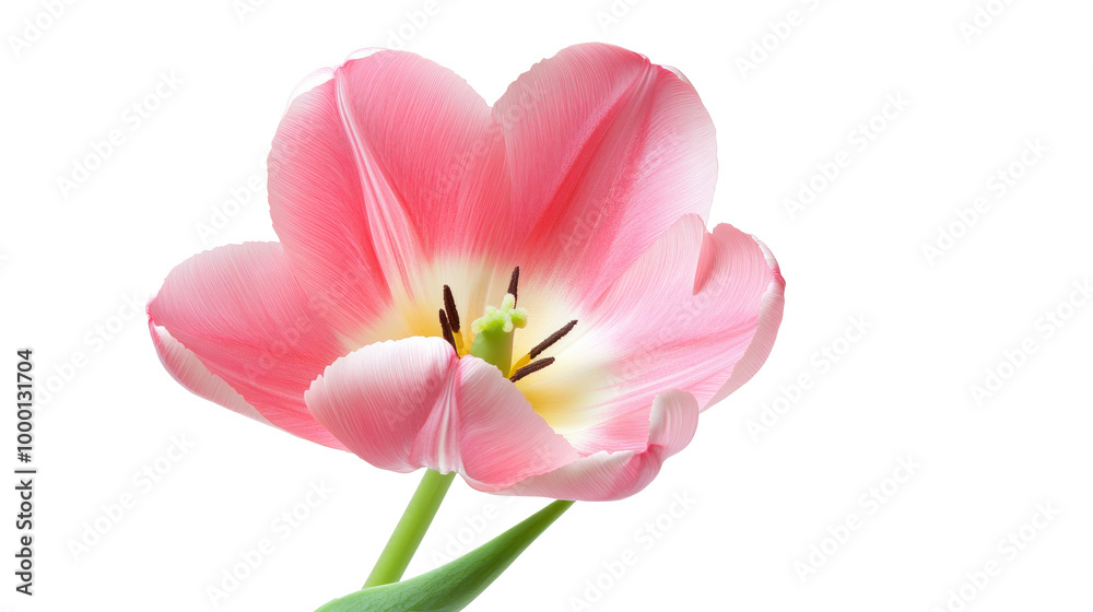 A fresh pink tulip, its petals fully opened, isolated against a white background with visible green leaves A fresh pink tulip, its petals fully opened, isolated against a white background with visible green leaves