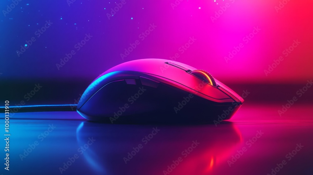 Ergonomic computer mouse illuminated by vibrant neon lights on a reflective surface, perfect for gaming and office use. Ergonomic computer mouse illuminated by vibrant neon lights on a reflective surface, perfect for gaming and office use.
