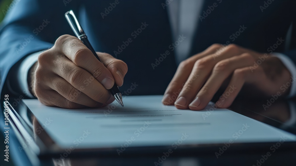Fototapeta premium closeup of businessmans hands signing digital contract on tablet device
