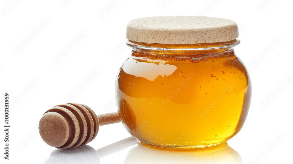 A glass jar of honey with a wooden dipper next to it, solated on transparent background, PNG file A glass jar of honey with a wooden dipper next to it, solated on transparent background, PNG file