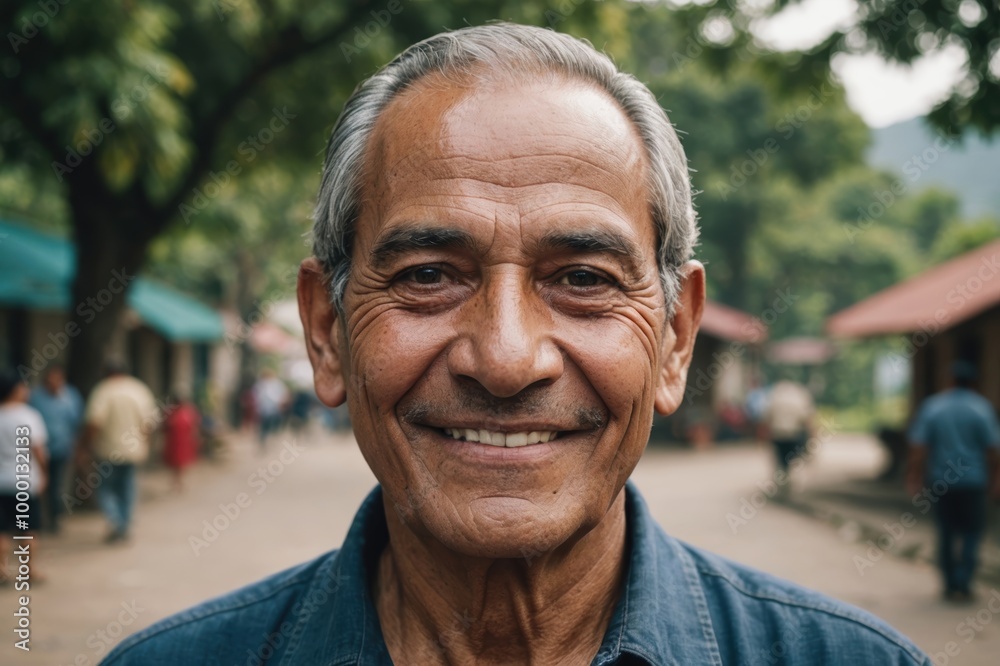 Close portrait of a smiling senior Guatemalan man looking at the camera, Guatemalan outdoors blurred background Close portrait of a smiling senior Guatemalan man looking at the camera, Guatemalan outdoors blurred background