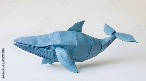 create An origami A Cute Blue Whale: The largest animal ever to have lived on Earth , in a graceful pose, with intricate folds in detail. The setting should be playful and endearing, with soft  photo