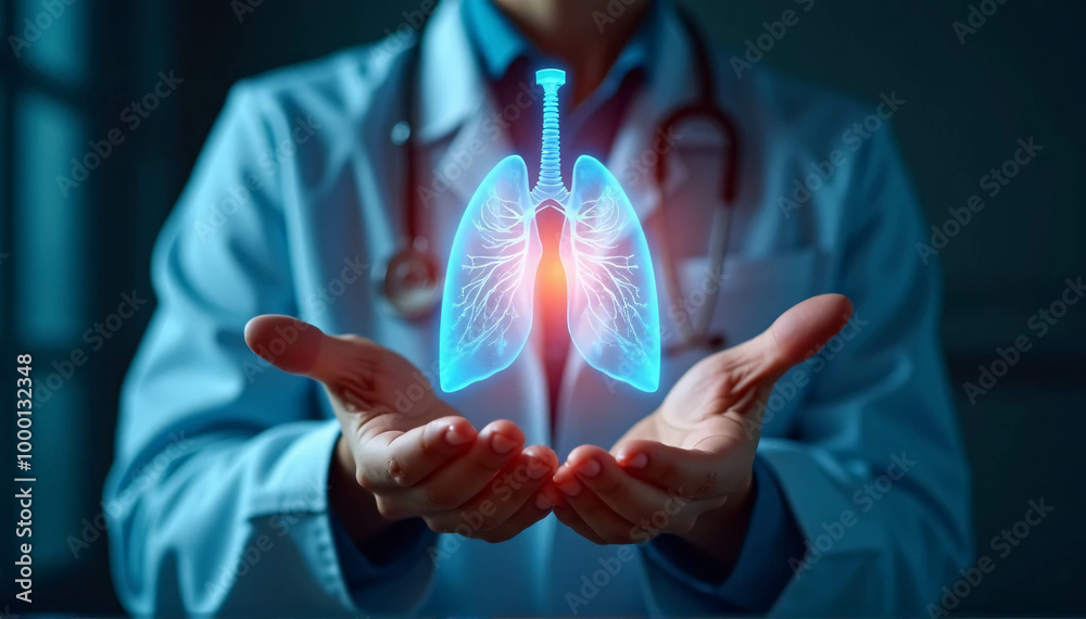 Individual, hands, and medical x-ray of lungs for research on ...