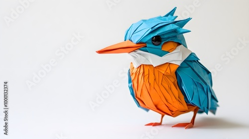 create An origami A Cute Kingfisher: Birds that live near water and catch fish , in a graceful pose, with intricate folds in detail. The setting should be playful and endearing, with soft pastel-color photo