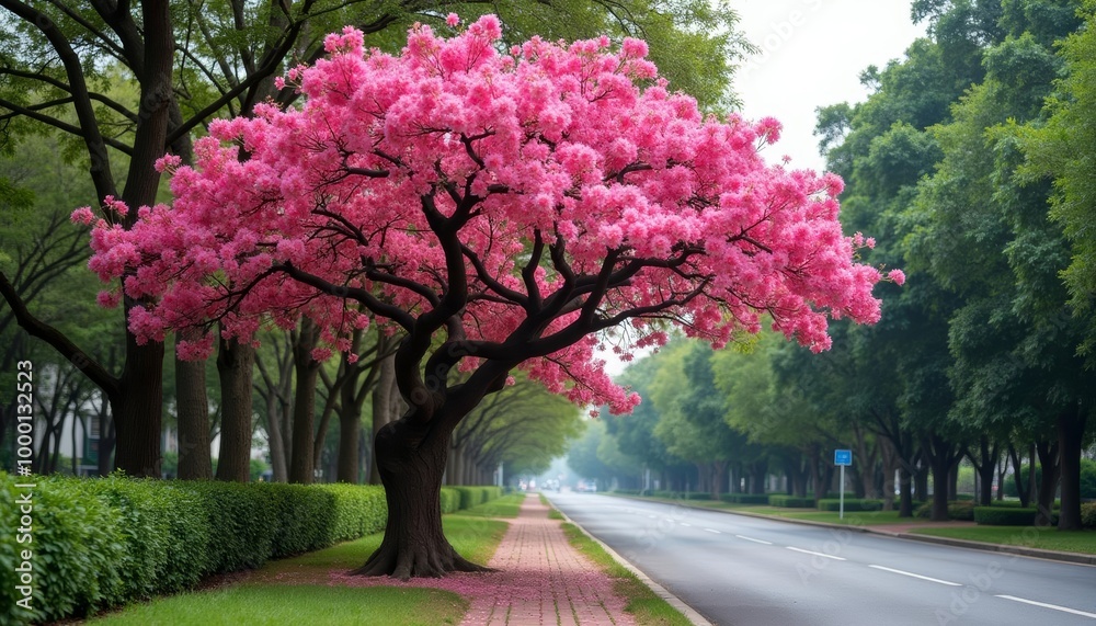 Spring blossoms along a serene city street Spring blossoms along a serene city street