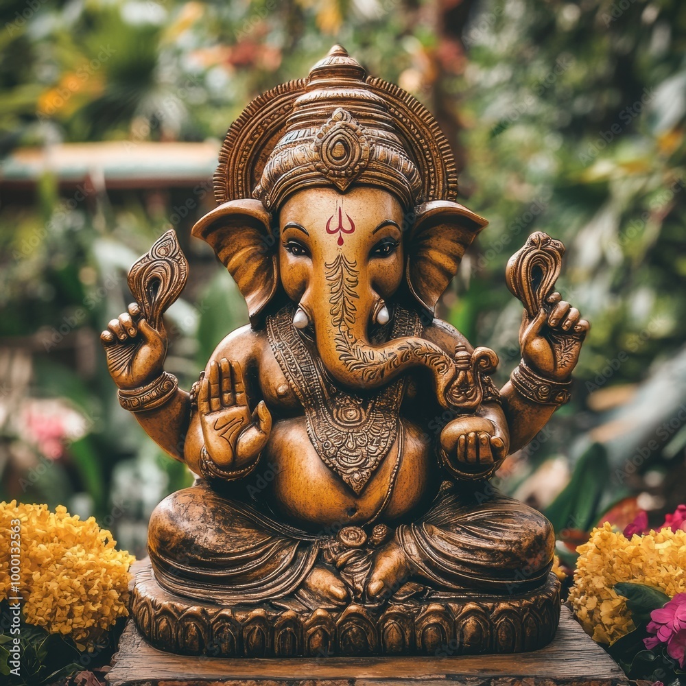 Fototapeta premium Ornate Carved Statue of Hindu Deity Ganesha the Elephant Headed God of Prosperity and Blessing