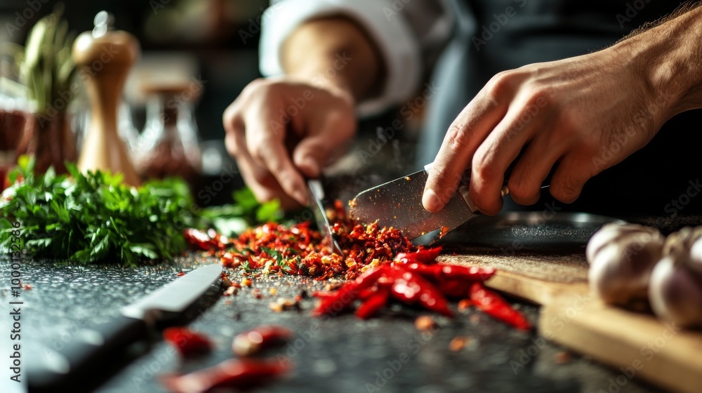 Fototapeta premium A close-up of a chef's hands chopping spicy red chilies on a kitchen countertop, with various herbs and spices in the background, emphasizing the preparation process.