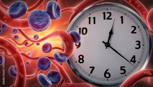 Close-up, cross-sectional view of blood vessels surrounded by fat cells, with a clock in the background representing intermittent fasting
