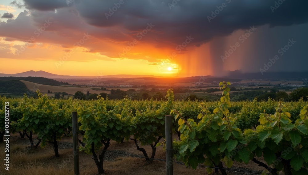 Fototapeta premium Sunset over a vineyard under a stormy sky