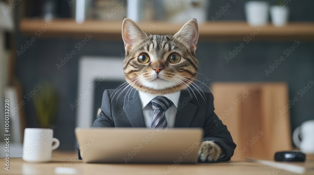 Cute tabby cat in formal suit look like a busy CEO businessman working with laptop computer, cat or introvert people at work concept for humorous advertisements.