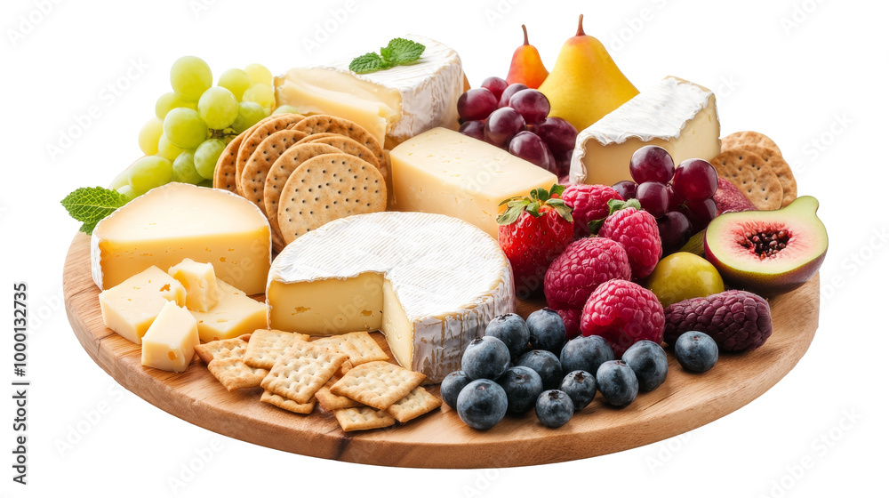A gourmet cheeseboard with various cheeses, crackers, and fruit, solated on transparent background, PNG file A gourmet cheeseboard with various cheeses, crackers, and fruit, solated on transparent background, PNG file