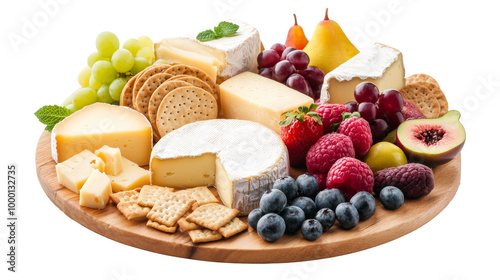 A gourmet cheeseboard with various cheeses, crackers, and fruit, solated on transparent background, PNG file