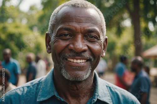 Close portrait of a smiling senior Haitian man looking at the camera, Haitian outdoors blurred background photo