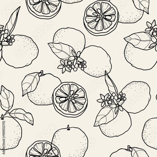 Line art yuzu fruit branches seamless pattern