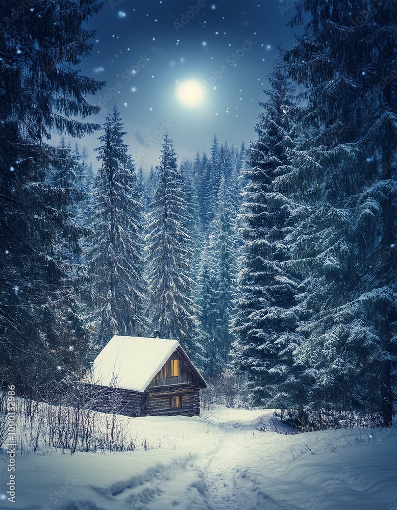 Beautiful Christmas winter illustration. Landscape with a little wooden cottage in pine forest in the mountains, a lot of snow, frost on tree branches, dark night, moonlight. Beautiful Christmas winter illustration. Landscape with a little wooden cottage in pine forest in the mountains, a lot of snow, frost on tree branches, dark night, moonlight.