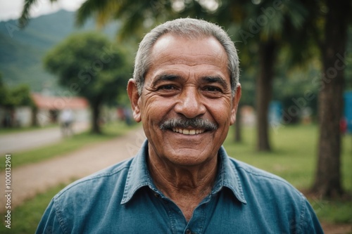 Close portrait of a smiling senior Honduran man looking at the camera, Honduran outdoors blurred background