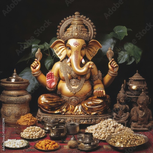 Ornate Ganesha Idol in Traditional Hindu Religious Setting with Offerings and Decor