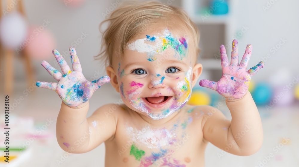 A proud baby revels in colorful creativity after a playful art exploration in a messy room full of vibrant hues and joyful chaos