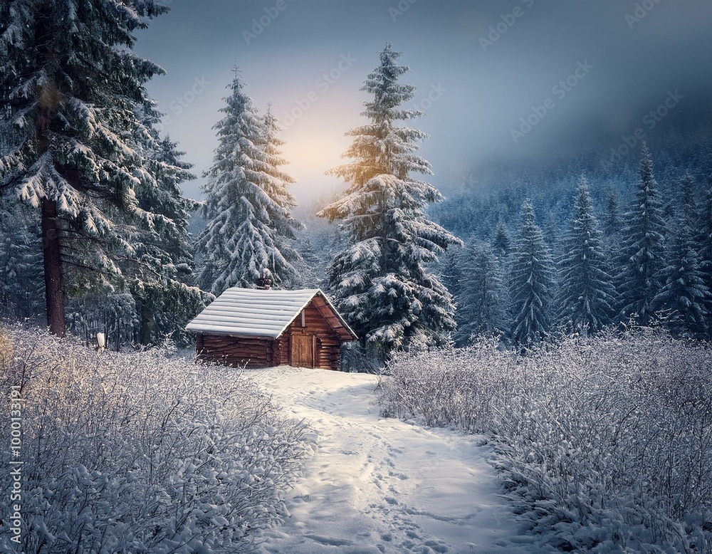 Beautiful Christmas winter illustration. Landscape with a little wooden cottage in pine forest in the mountains, dark night, moonlight, lots of snow. Beautiful Christmas winter illustration. Landscape with a little wooden cottage in pine forest in the mountains, dark night, moonlight, lots of snow.