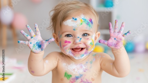 A proud baby revels in colorful creativity after a playful art exploration in a messy room full of vibrant hues and joyful chaos photo