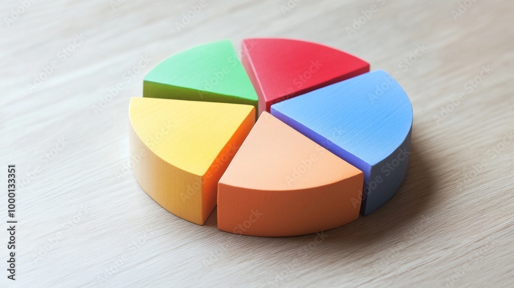 Obraz premium A close-up of a financial pie chart displaying customer demographics, with distinct colors for age groups and gender, arranged on a light wooden background for contrast.