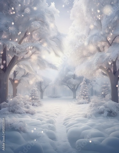 Beautiful bright white winter Christmas background. A path in the park, lots of snow, tree branches covered with glittering silver frost, bokeh light, copyspace.
