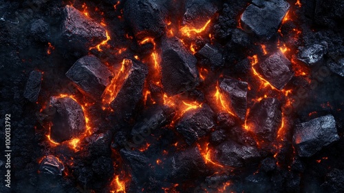 A close-up view of glowing coal embers, showcasing the vibrant colors and textures of burning carbon material.