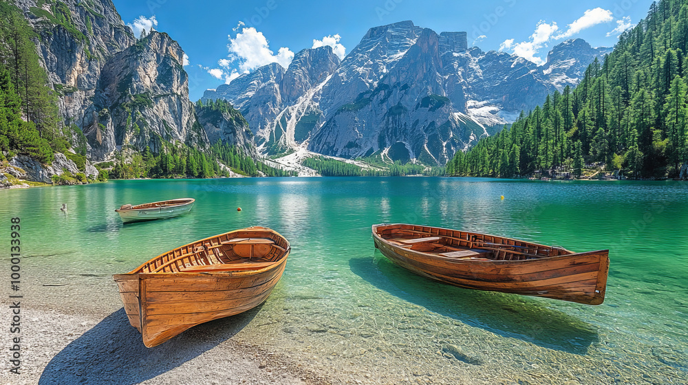 Boats on the Braies Lake ( Pragser Wildsee ) in Dolomites mountains, Sudtirol, Italy - Boats on the Braies Lake ( Pragser Wildsee ) in Dolomites mountains, Sudtirol, Italy -