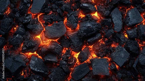 Close-up of glowing charcoal pieces, displaying a blend of black textures and vibrant orange embers, perfect for fire-themed concepts.