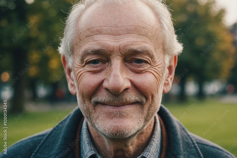 Close portrait of a smiling senior Irish man looking at the camera, Irish outdoors blurred background Close portrait of a smiling senior Irish man looking at the camera, Irish outdoors blurred background