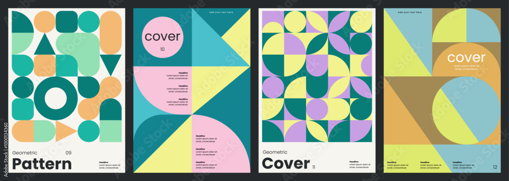 Fototapeta premium Minimalist covers design. Abstract geometric backgrounds. A4 size print templates with customizable text. Modern layouts with simple shapes for card, poster, brochure, flyer or catalog