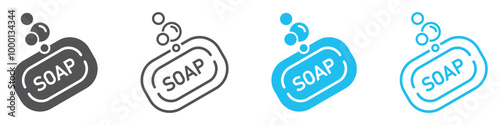 Set of soap icons. Soap symbols with bubbles and foam. Personal hygiene, detergent, hand washing. Soap bar, antibacterial. Vector. EPS10.