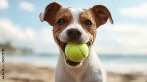 happy playful dog catching a tennis ball in the beach, pet on summer vacation