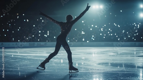 A skilled figure skater glides gracefully across the rink in a captivating close up moment