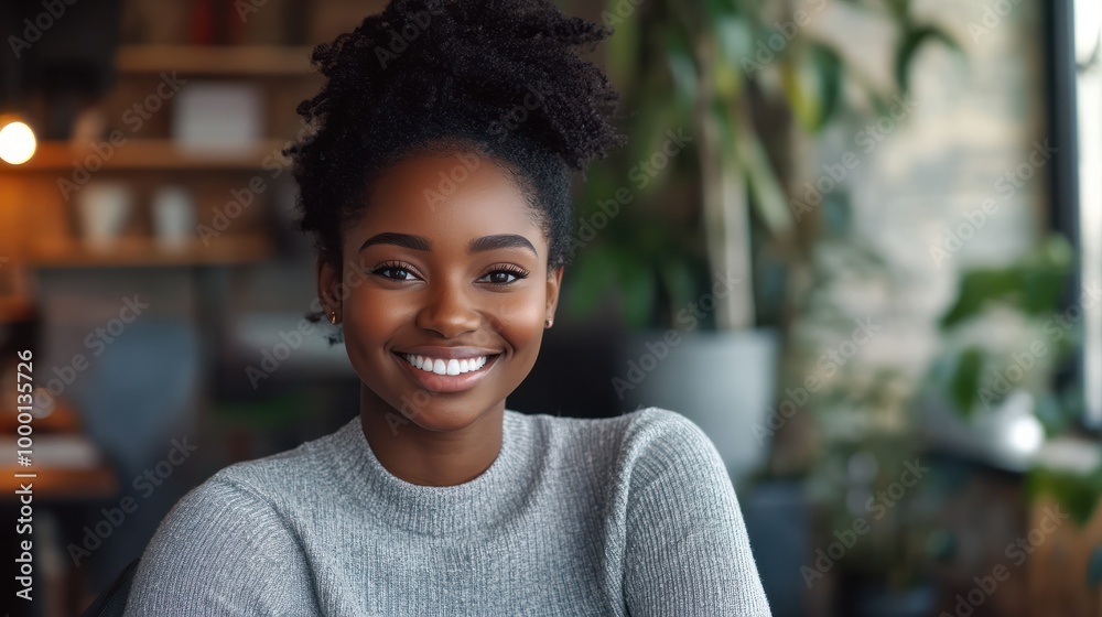Fototapeta premium happy young african american young woman sitting in her chair smiling. AI Generative