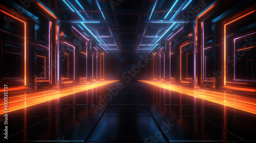 Sci Fy neon lamps in a dark hall. Reflections on the floor and walls. 3d rendering image photo