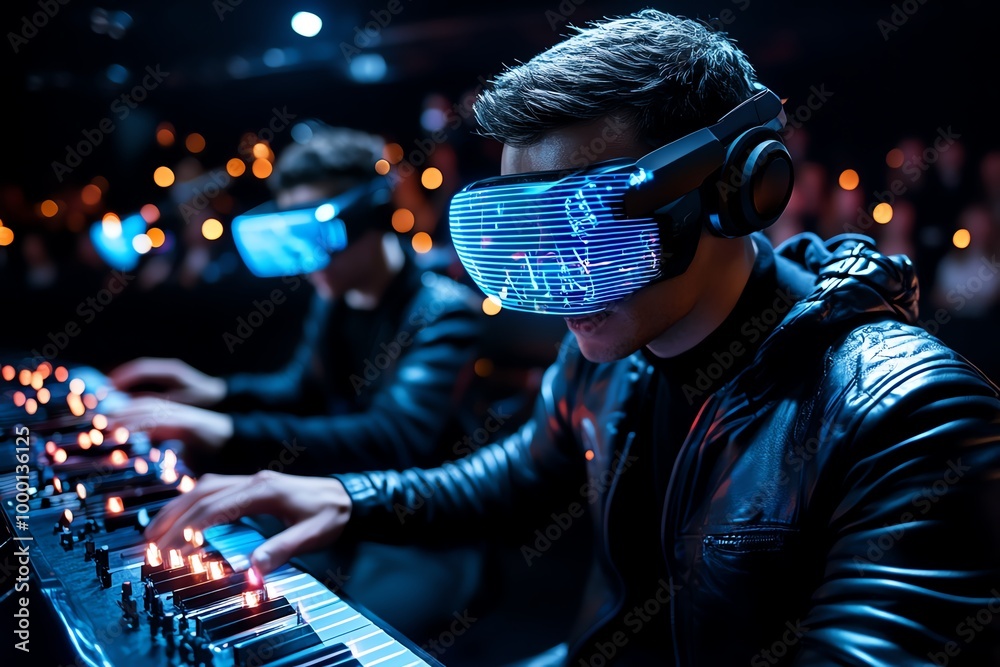 Futuristic holographic concert, where musicians play virtual ...