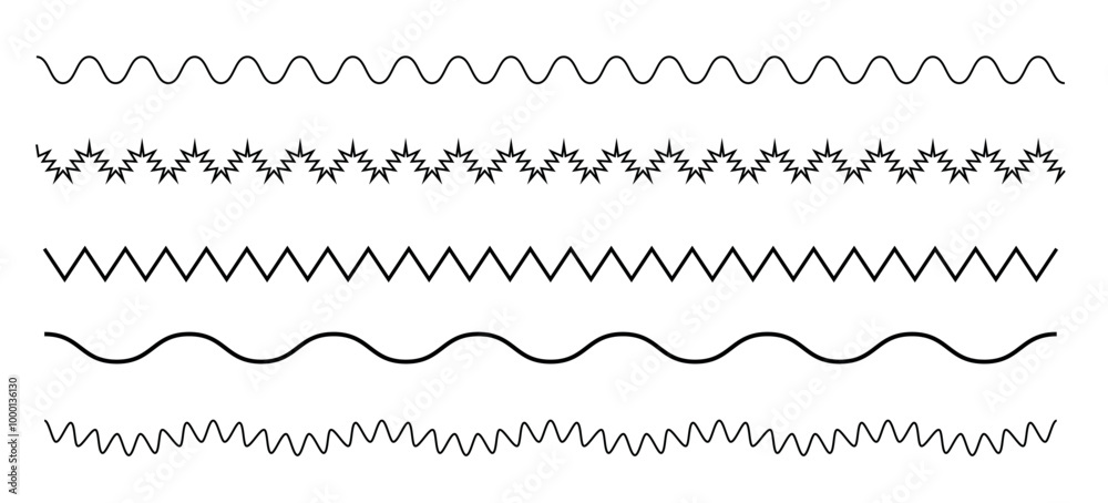 Set of wavy, zigzag, sinuous horizontal lines Border line design elements Set of wavy, zigzag, sinuous horizontal lines Border line design elements