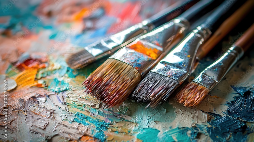 Close up of paintbrushes on a palette with colorful paint. Close up of paintbrushes on a palette with colorful paint.