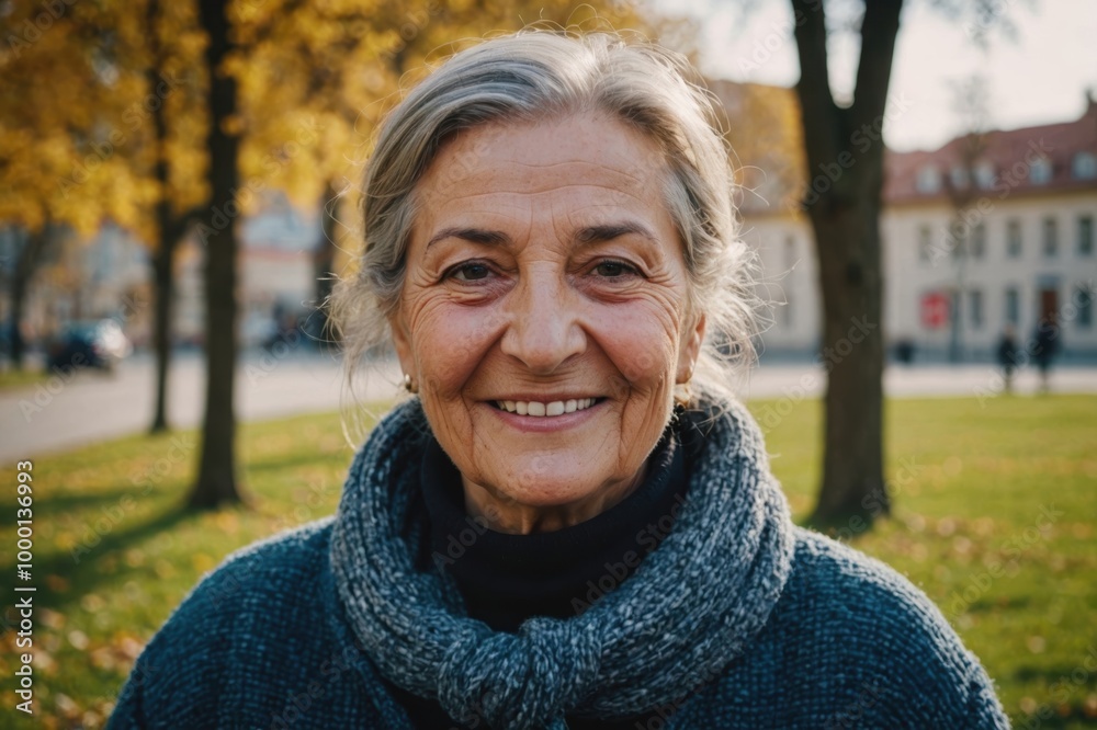 Close portrait of a smiling senior Kosovar woman looking at the camera, Kosovar outdoors blurred background Close portrait of a smiling senior Kosovar woman looking at the camera, Kosovar outdoors blurred background