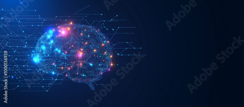 An abstract representation of artificial intelligence and deep learning, with a brain-shaped network, analyzing data from cloud computing systems and driving business automation, s