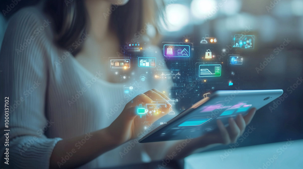 Digital online marketing scene with a woman making online payments through her tablet, displaying holographic icons for shopping, omni-channel, and m-banking. The image reflects th Digital online marketing scene with a woman making online payments through her tablet, displaying holographic icons for shopping, omni-channel, and m-banking. The image reflects th