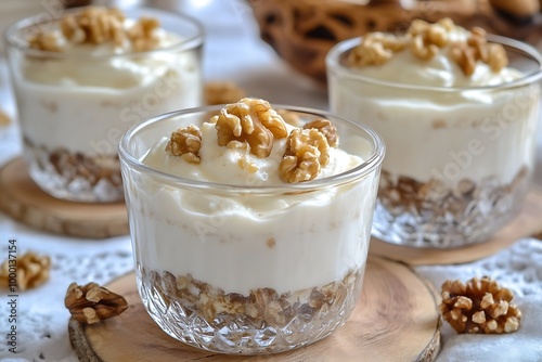 A delicious dessert served in glass cups, featuring layers of yogurt and nuts.