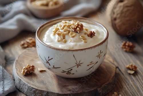 A bowl of yogurt topped with walnuts and oats, set on a wooden surface.