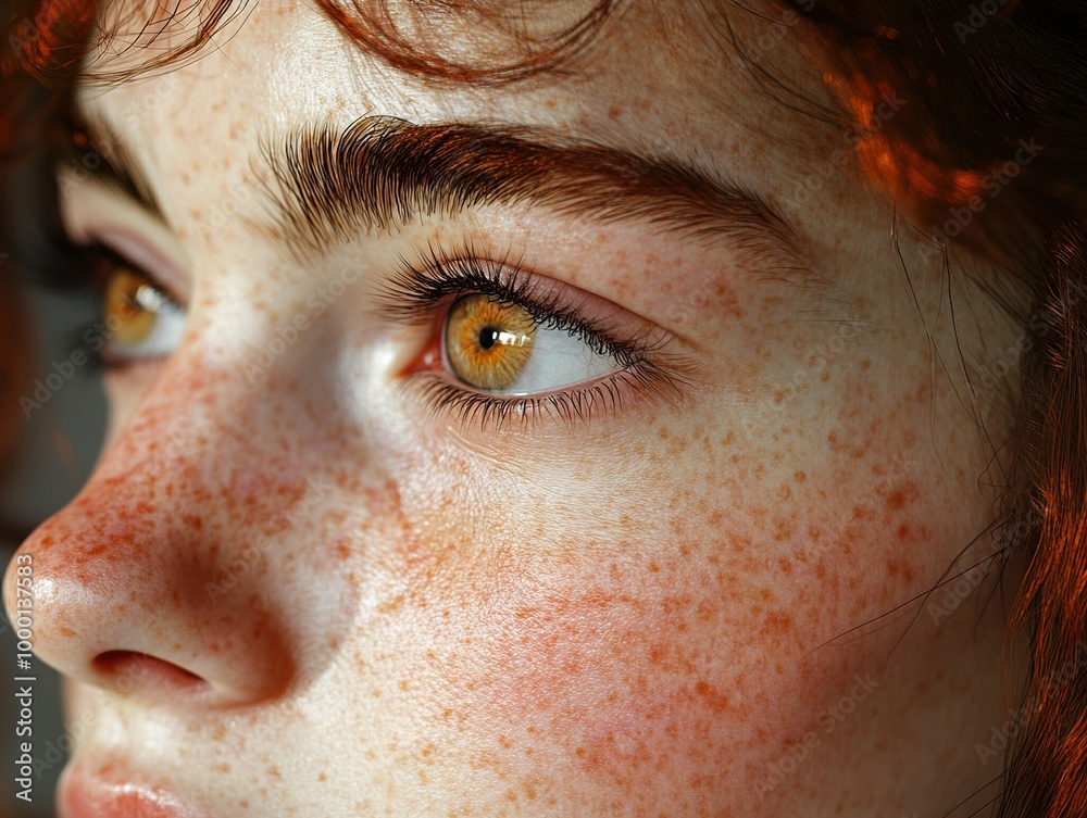Close Up Portrait of a Woman with Freckles and Golden Eyes Close Up Portrait of a Woman with Freckles and Golden Eyes