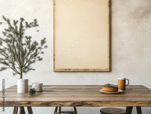 Minimalist interior with rustic wooden table, blank frame, and small pine branch in cozy setup