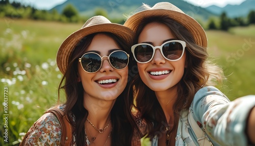 Joyful Adventure: Best Friends Capturing Moments in a Scenic Grass Field photo