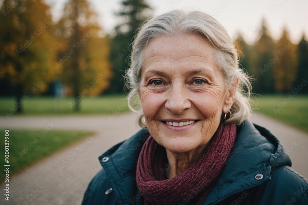 Close portrait of a smiling senior Latvian woman looking at the camera, Latvian outdoors blurred background Close portrait of a smiling senior Latvian woman looking at the camera, Latvian outdoors blurred background